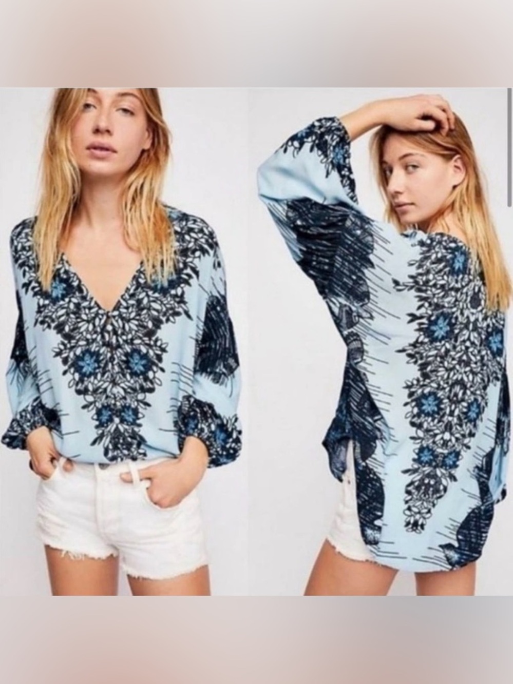 Free People Birds of a Feather blue floral billowy blouse XS